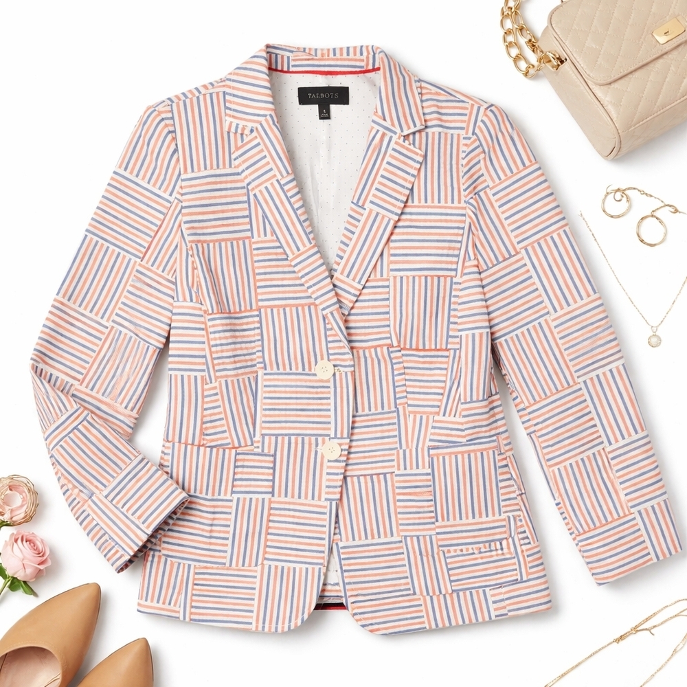 Talbots Sz 4 Patchwork Blazer Jacket Seersucker B… - image 1